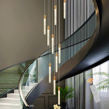 Black 10-light spiral strip LED chandelier in a modern Australian high-ceiling staircase