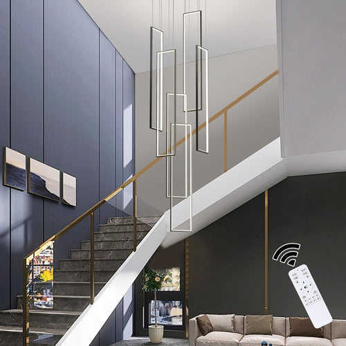 Black 6-light square LED chandelier in a modern Australian high-ceiling foyer