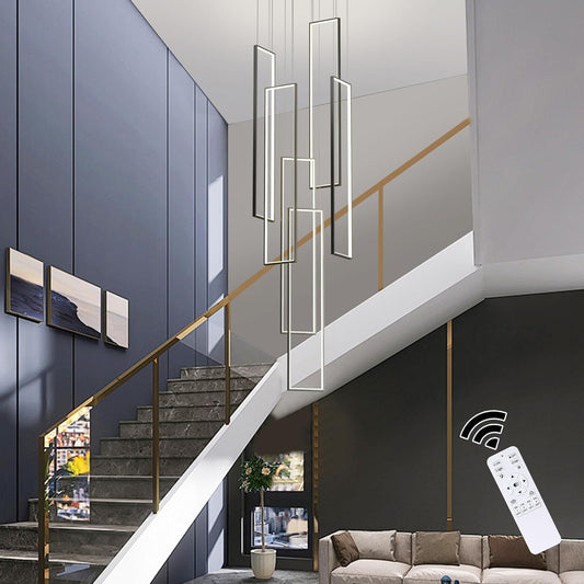 Black 6-light square LED chandelier in a modern Australian high-ceiling foyer