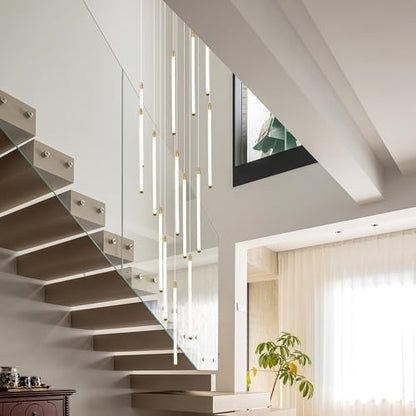 Black 15-light spiral strip LED chandelier in a modern Australian high-ceiling staircase
