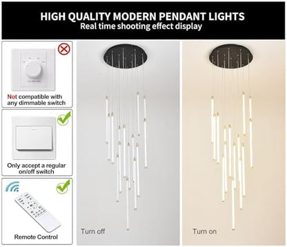 Black 15-light spiral strip LED chandelier in a modern Australian high-ceiling staircase