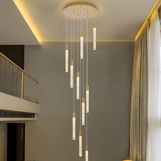 Black 10-light spiral strip LED chandelier in a modern Australian high-ceiling staircase