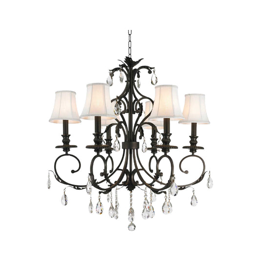 6-arm Hamptons chandelier in dark bronze with white fabric shades and clear cut crystal