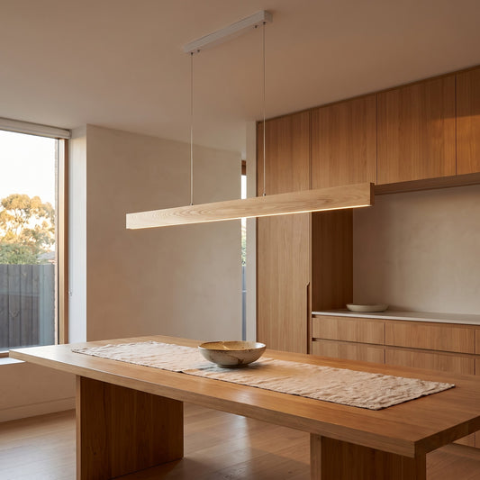 Ash Timber Linear LED Pendant LANGTOFT 145cm — Tri-Colour Dining & Kitchen Island Light