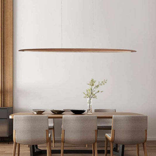 Walnut wood linear LED pendant light over a kitchen island in a modern Australian home
